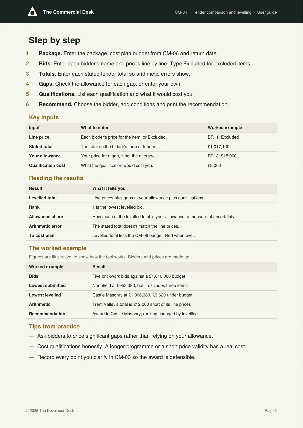 A page from a user guide, from the worked example