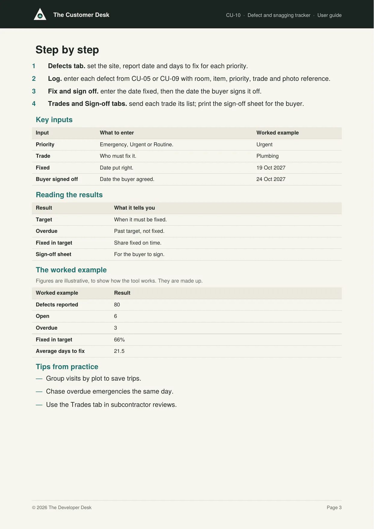 A page from a user guide, from the worked example