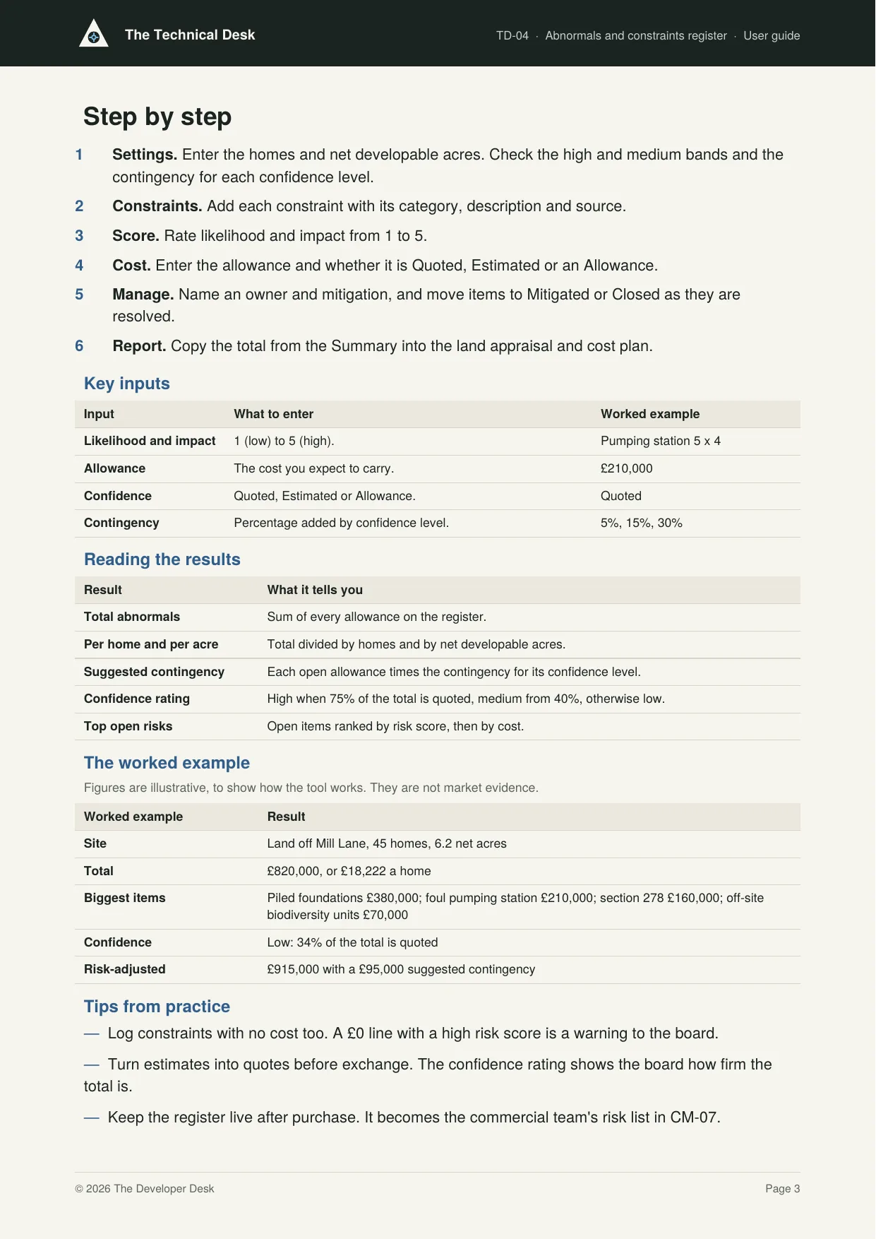 A page from a user guide, from the worked example